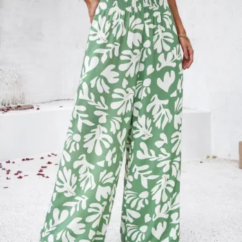 Elegant Printed Trousers Summer Loose Elastic High Waist Straight Pants For Beach Vacation Womens Clothing